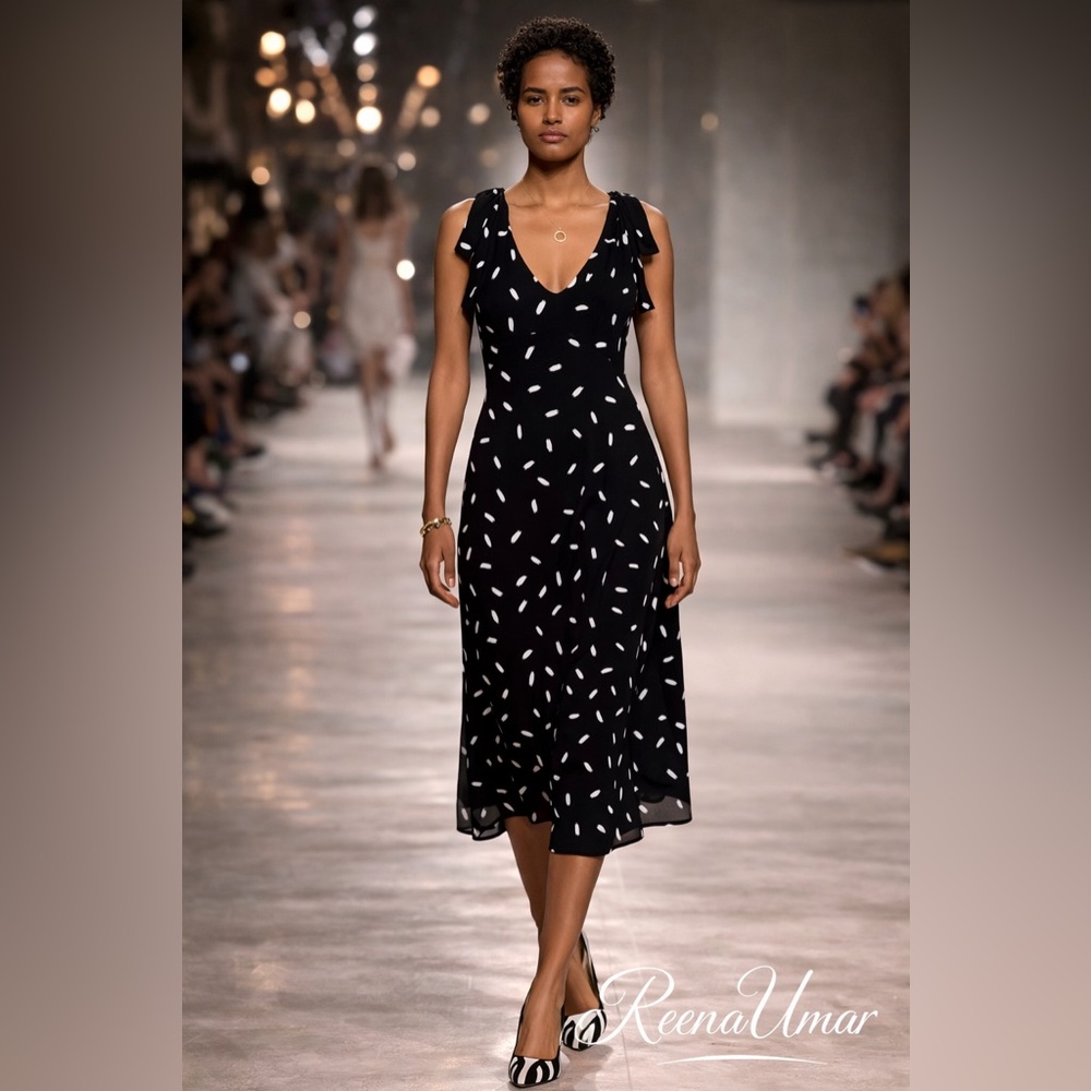 Zimmermann Black Midi Dress with White Abstract Spot Print – Size 0